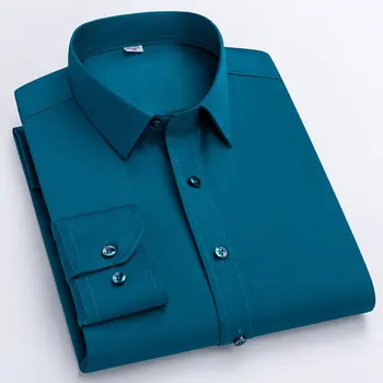 Высококачественные Мужские Рубашки-Стрейч С Длинным Рукавом Против Морщин, Модные Новые Офисные Социальные Деловые Синие, Красные, Белые Рабочие Рубашки