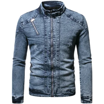 Джинсовая куртка, мужская байкерская джинсовая куртка, осень-зима, модная однотонная мужская джинсовая куртка с бархатным воротником-стойкой, повседневное пальто, мужская