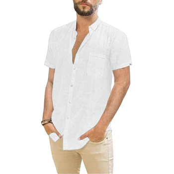 Хлопчатобумажные льняные мужские рубашки с короткими рукавами, летние однотонные рубашки с отложным воротником, повседневный пляжный стиль, большие размеры