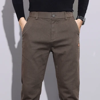 Новые осенне-зимние хлопчатобумажные брюки Мужские Плотные Деловые Приталенные Корейские Рабочие брюки Карго цвета Хаки, повседневные брюки мужского бренда, Большие размеры 28-40