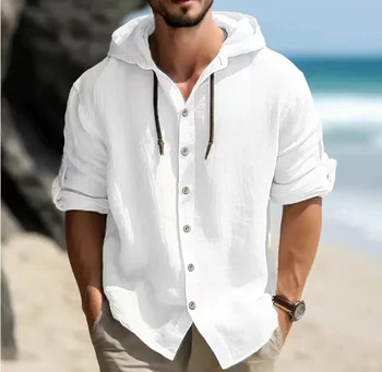 Летняя мужская льняная рубашка, однотонная уличная одежда, толстовка с длинным рукавом, кардиган, одежда для мужчин, топы, повседневные свободные мужские рубашки на пуговицах