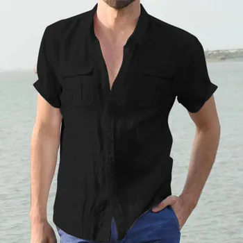 Мужская летняя рубашка с коротким рукавом, однотонные блузки, верхняя рубашка с двойным карманом, отложной воротник, рубашка на пуговицах, деловая одежда для отдыха.