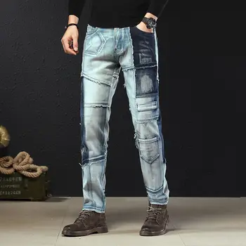 Новые джинсы European station, мужские микроэластичные светло-голубые свободные прямые брюки контрастного цвета с нашивками