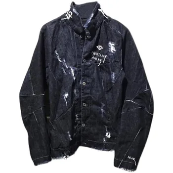 Темная винтажная джинсовая куртка с ручной росписью и вышивкой с выбитыми отверстиями, Индивидуальное Модное джинсовое пальто