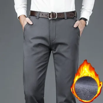 Осенне-зимние мужские флисовые теплые повседневные брюки 4 цвета, деловые прямые толстые эластичные брюки, мужская брендовая одежда