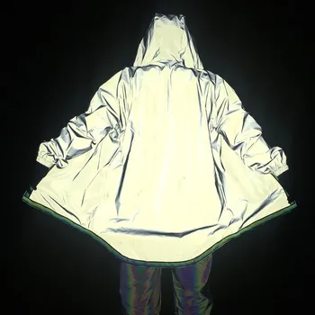 Нерегулярный мужской светоотражающий тренч с длинным рукавом в стиле хип-хоп уличная одежда кардиган свободный с капюшоном красочная лента ветровка одежда