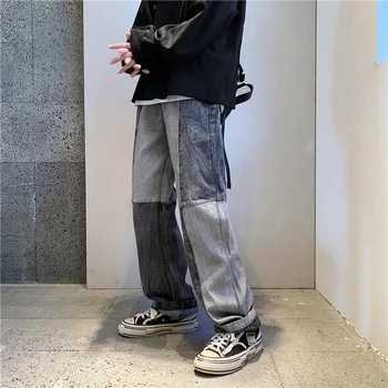 Новые Модные Мужские Джинсовые брюки с широкими штанинами В Корейском стиле 2021, Осенние Свободные Джинсы С прямыми штанинами, Джинсовые брюки С панелями, Мужские