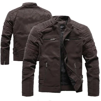 Зимняя тонкая мотоциклетная куртка из искусственной кожи, мужская винтажная флисовая теплая кожаная куртка с несколькими карманами, мужские осенние куртки-пиджаки на молнии