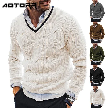 Зимний мужской свитер, вязаные пуловеры с V-образным вырезом, Приталенный Теплый трикотаж с длинным рукавом, мужские осенние модные однотонные свитера, уличная одежда
