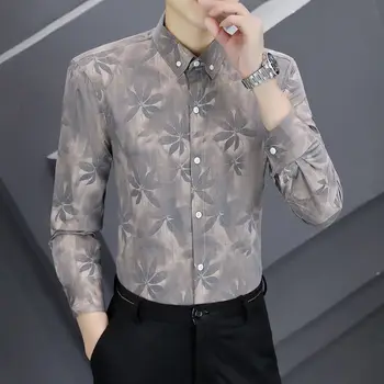 Корейская мода 2023, Весенняя универсальная Мужская рубашка, Качественная Шифоновая рубашка на пуговицах с длинным рукавом, свободная Мужская рубашка с принтом R28