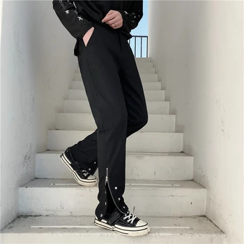 Весна 2021, корейский стиль, уникальные дизайнерские брюки на молнии с металлическими пуговицами, мужские повседневные костюмные брюки для мужчин, размер M-XXL