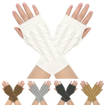Женские вязаные перчатки на половину пальца, мягкая зимняя рука, запястье, теплые однотонные варежки без пальцев с отверстием для большого пальца