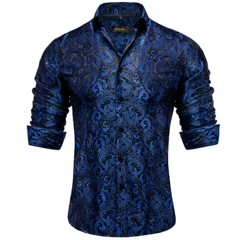 Роскошные черные синие шелковые рубашки с узором Пейсли для мужчин, топ с длинным рукавом, свадебная вечеринка, светская рубашка из полиэстера, одежда, блузка
