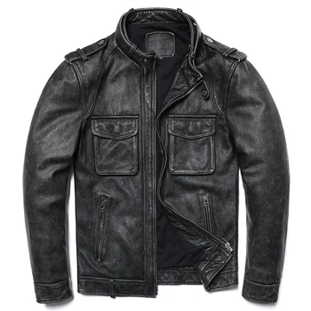 2023 Новая серая винтажная куртка из натуральной кожи, мужская мотоциклетная байкерская приталенная куртка, модная мужская одежда, пальто