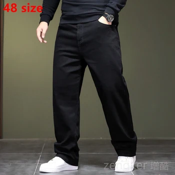 Высокая эластичность весна осень черные джинсы большого размера прямые джинсы мужские плюс молодежные эластичные длинные брюки большого размера 44 46 48
