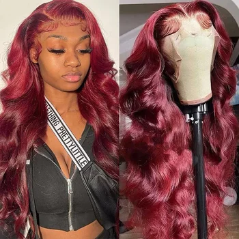 Cosdelu 99J Парики из человеческих волос на кружеве, бордовые парики с объемной волной, парики на кружеве для чернокожих женщин, плотность 250, темно-красные парики с закрытием