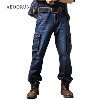 ABOORUN Plus Size 40, мужские повседневные джинсовые брюки-карго, джинсы-карго с множеством карманов, свободные джинсы для скейтборда для мужчин R1258