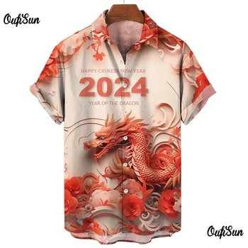 2024 Мужские Рубашки С 3D Принтом Дракона, Уличная Гавайская Рубашка, Мужские Повседневные Топы С Животными, Повседневная Рубашка Для Мужчин, Весенняя Модная Мужская Одежда