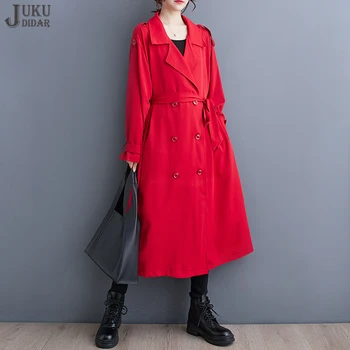 Новая зимняя модная ветровка в корейском стиле, Однотонный красный женский длинный тренч, Двубортный жакет свободного кроя, верхняя одежда JJT020