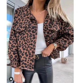 Женская винтажная джинсовая куртка, свободная джинсовая куртка с леопардовым принтом, свободная куртка с длинным рукавом, подчеркнутая талия, повседневная куртка