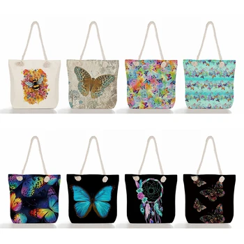 Модные мультяшные портативные Красивые яркие цвета с принтом бабочки, женская пляжная сумка-тоут, Толстые веревочные сумки большого размера, складные