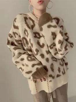 Корейский Леопардовый Пушистый Женский пуловер, топ с панелями, Свободный свитер с круглым вырезом и длинным рукавом, осенне-зимняя стильная Женская одежда в стиле ретро