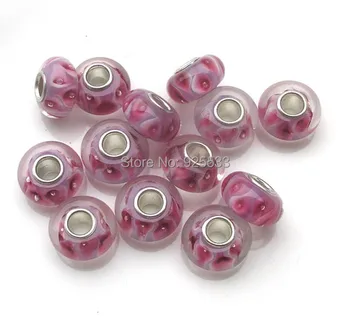 Бесплатная доставка 5шт 8x14 мм качество AAA посеребренные розовые стеклянные бусины с большим отверстием, подвески подходят для европейского браслета и ожерелья DIY