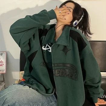 Новая куртка оверсайз на молнии с буквенным принтом, женская Y2K, свободная куртка в стиле ретро в стиле хип-хоп, Корейская уличная повседневная куртка