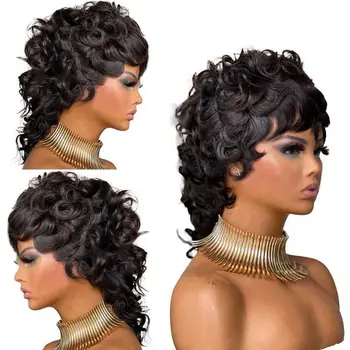 Короткая стрижка Пикси, парики с глубокой волной и челкой, Бразильский парик без клея 200% плотности, полностью Машинный парик, вьющиеся парики из человеческих волос для женщин