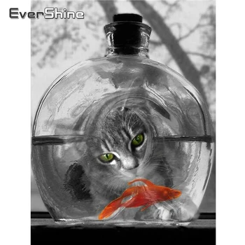 EverShine Алмазная вышивка Кошка 5D Полная квадратная алмазная живопись Рыба Мозаика Животные Вышивка крестом Черно-белое хобби ручной работы