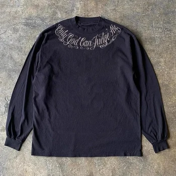 2024 Новая мужская футболка с длинными рукавами, Свободный топ в американском ретро стиле, Осенний повседневный пуловер с граффити Chicano