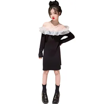Элегантное вечернее черное платье с открытыми плечами для молодой девушки, весна-лето, длинный рукав с рюшами, сетчатое детское хлопковое приталенное платье