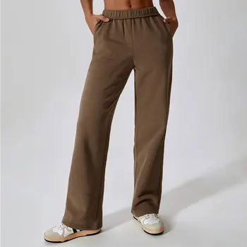 Плюшевые теплые и свободные спортивные брюки с поясом, прямые широкие брюки с трубкой, повседневные спортивные брюки для женщин на открытом воздухе