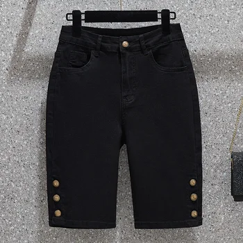 Новые брюки-четвертак с высокой талией, стрейчевые простые обтягивающие повседневные черные короткие джинсы