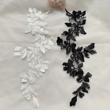 2ШТ Черно-белое свадебное платье с цветочными пайетками, аппликации из кружевной ткани, вышитые планки, сетка для воротника, нашивка для платья, декор своими руками