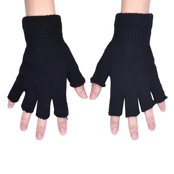 Зимние аксессуары, Однотонные Перчатки для женщин, Эластичные Толстые теплые Вязаные Перчатки, Черные полурукавки без пальцев перчатки женские