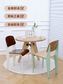 Скандинавский дизайнерский обеденный стул в стиле ретро из массива дерева кремового цвета, стол для небольшой семейной комнаты, табурет со спинкой