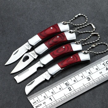 Новый мини-складной нож с цепочкой, Деревянная ручка, Карманный нож, брелки для ключей, Многофункциональные Небольшие инструменты для выживания в кемпинге на открытом воздухе.