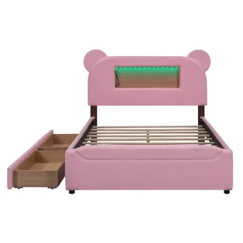 Полноразмерная Мягкая Кровать-платформа Для хранения с Мультяшными Ушками в изголовье, светодиод и USB для внутренней мебели для спальни, Розовый