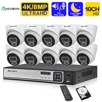 10-Канальная Система Камер Безопасности 8MP 4K POE NVR Kit CCTV Двухстороннее Аудио Наружный AI Цветной Комплект Камер Видеонаблюдения Ночного Видения