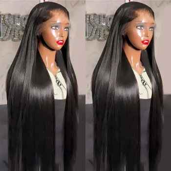 30-дюймовый Прозрачный парик из натуральных волос на кружеве размером 13x4 дюйма, бесклеевые Бразильские парики из натуральных волос на кружеве с прямыми косточками, предварительно выщипанные для чернокожих женщин