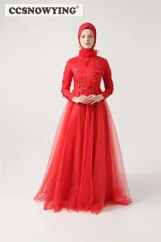 Красное Мусульманское вечернее платье с длинным рукавом, Хиджаб с высоким воротом, Вечернее платье из Тюля С аппликацией Arabia Dubai, Исламские Халаты De Soirée
