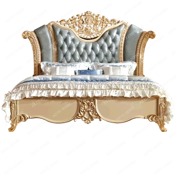 Кожаная кровать из массива дерева ручной работы, ретро-стиль французского двора, роскошная кровать принцессы высокого класса, спальня с двуспальной кроватью