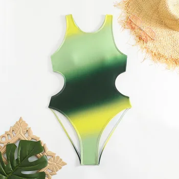 Сексуальный Зеленый Градиентный цельный купальник 2024, Женский Монокини с вырезами, летний купальник с перекрестной спинкой, купальники, пляжная одежда