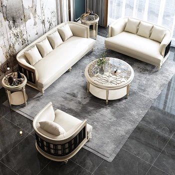 Американский легкий роскошный диван, большая гостиная, современный, простой, элитный, роскошный Европейский французский стиль из натуральной кожи кремового цвета s
