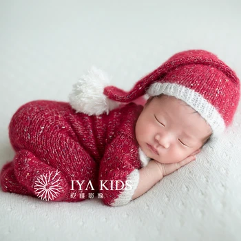 Рождественский наряд, сонная шапочка, комплект для новорожденных, мохеровый комбинезон на ножках, капор, реквизит для фотосъемки, вязаный вручную комбинезон с длинным рукавом, шапочка