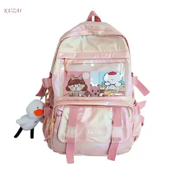 Милый мультяшный рюкзак для студенток, нейлоновая сумка на плечо, Многокарманный школьный рюкзак с подвеской, женский рюкзак, симпатичная молодежная сумка