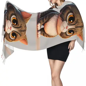 Шарф с кисточками, большая зимняя теплая шаль из пашмины 196 * 68 см, кашемировые шарфы Bufanda Female Cat