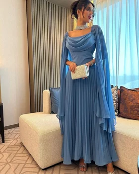 Официальные Женские вечерние платья Саудовской Аравии, синие Шифоновые платья с квадратным вырезом и длинными рукавами для выпускного вечера, платья для особых случаев