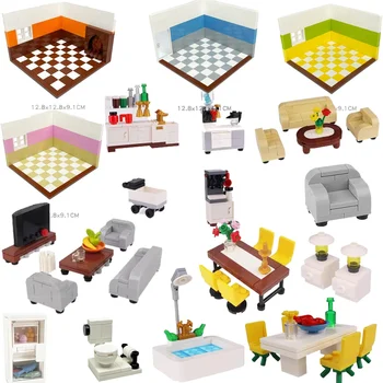 Строительный блок из мелких частиц MOC, Диван, обеденный стол, мебель, украшения для домашней кухни, Компьютер, совместимый с LEGO